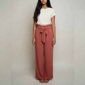 Coral Orange Paperbag Waist Wide Leg Pants Small